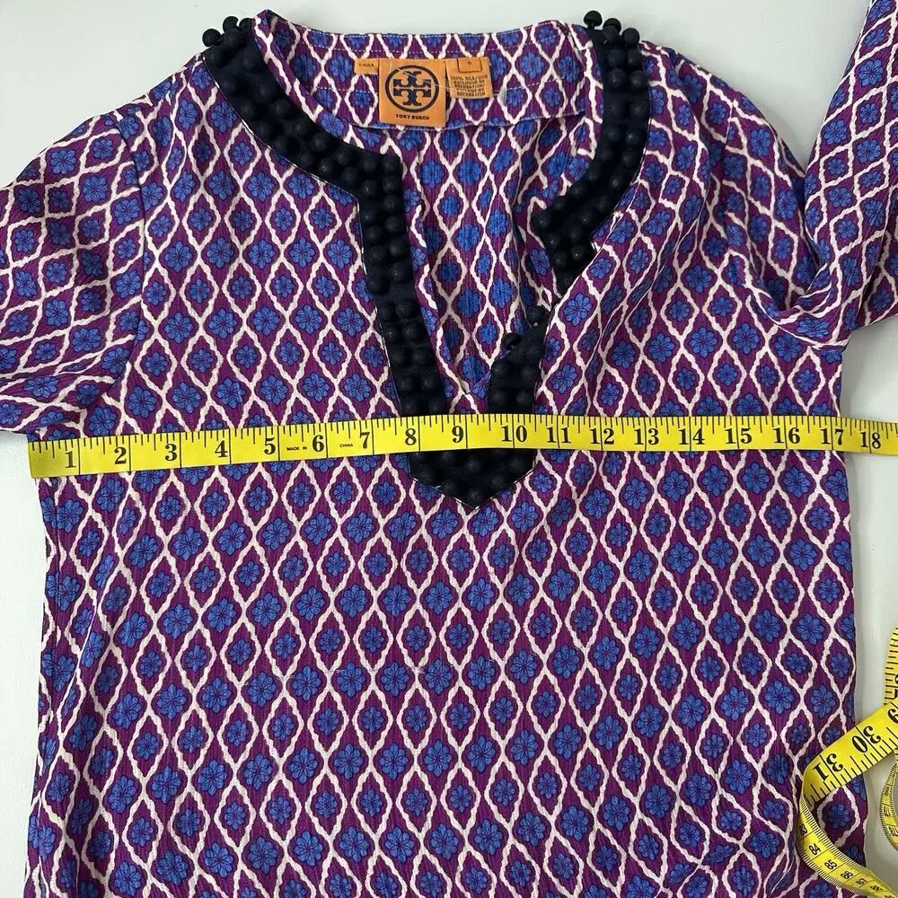 Tory‎ Burch Top Blouse Womens 0 Purple Bubble Tunic Floral Geometric Long